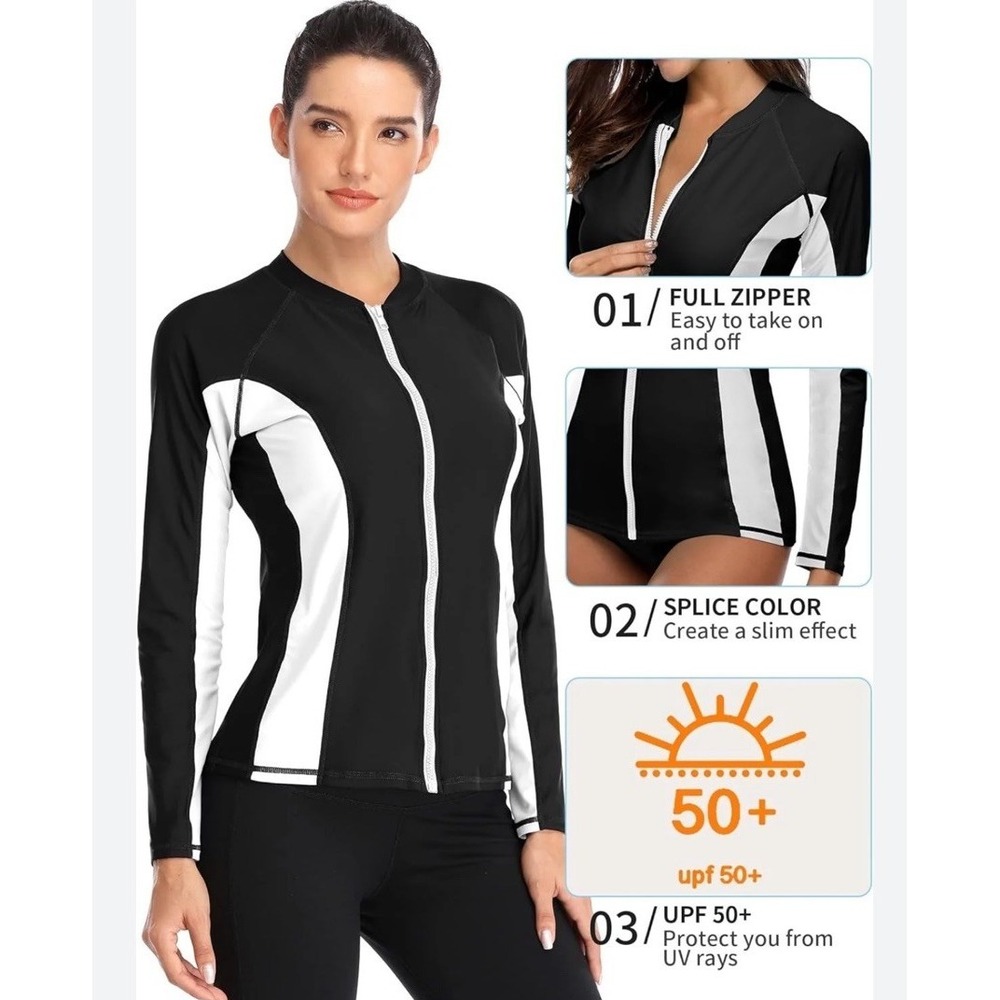 ATTRACO Black and White Color-Block Long‎ Sleeve Swim Shirt UPF50+ Rash guard XL
